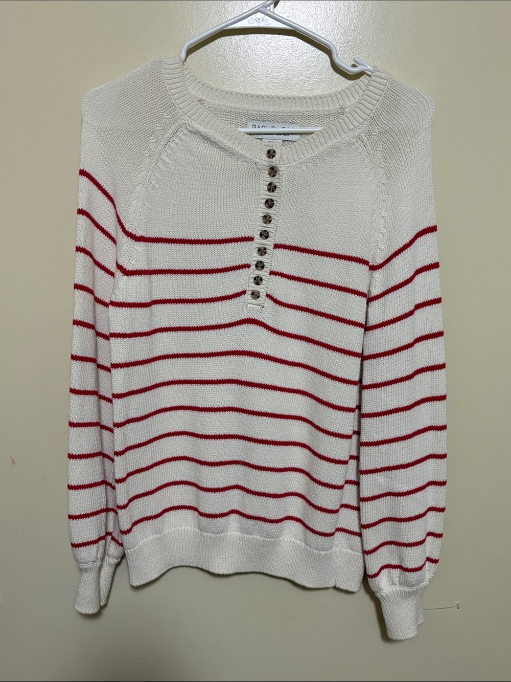 Rachel Zoe Cream and Red Striped Henley Sweater